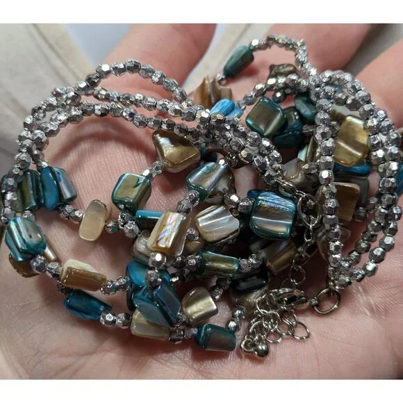 Mermaidcore Blue And Silver Tone Layered Shell Beaded Necklace - Picture 5 of 6